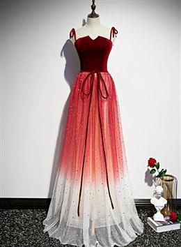 Picture of Pretty Red Color Tulle with Sequins Long Party Gown, Pretty Red Color Formal Dresses